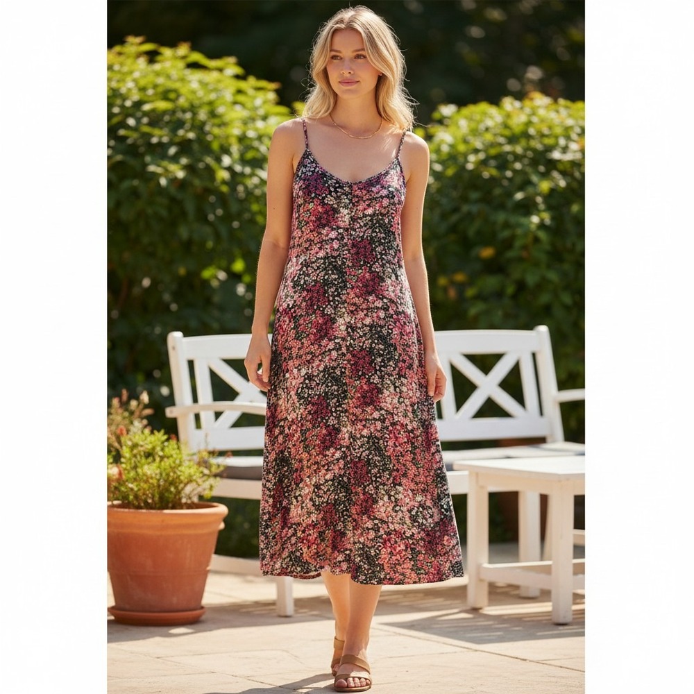 Sozy Floral Maxi Dress XL Pink Red Black Smocked Back Spaghetti Strap 5045DRC